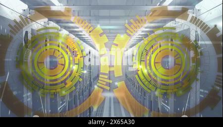 Image of loading circles over bars on data server racks in server room Stock Photo