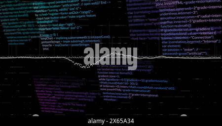 Image of multiple graphs with changing numbers and computer language over black background Stock Photo