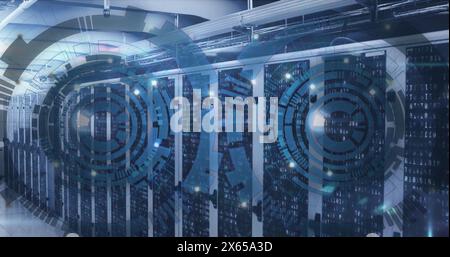 Image of loading circles over binary codes on data server racks in server room Stock Photo