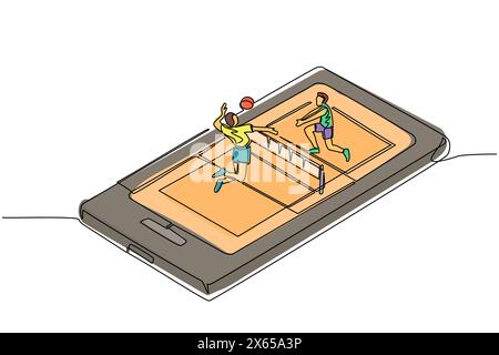 Single continuous line drawing volleyball court with two players on smartphone screen. Professional sports competition: volleyball players during matc Stock Vector