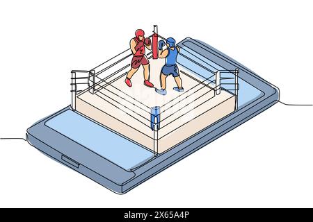 Single continuous line drawing boxing ring with two boxers on smartphone screen. Professional sports competition: boxing fight duel during match, mobi Stock Vector