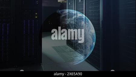 Image of globe rotating over data server racks Stock Photo