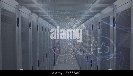 Server racks lining corridor, digital data flowing with icons Stock Photo