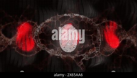 Red digital footprints and fingerprint glowing on dark world map background Stock Photo