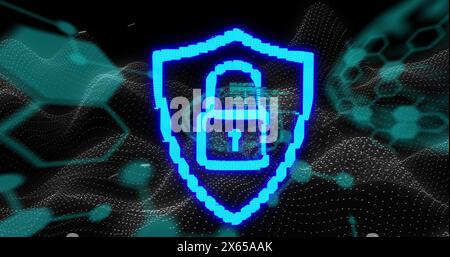 A blue digital shield displaying lock symbol, hovering over a blue background Stock Photo