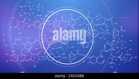 Image of data processing and chemical formula on blue background Stock Photo