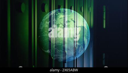 Image of moving globe against server room in background Stock Photo