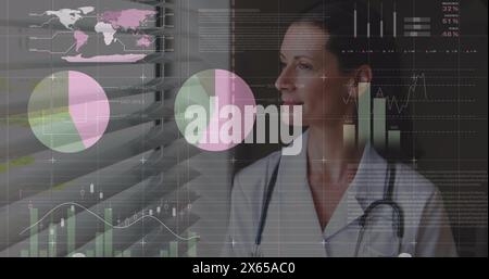 Image of statistics and data processing over female doctor Stock Photo