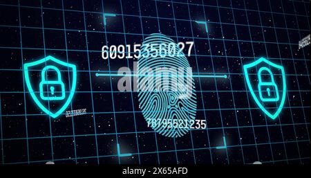 Image of changing numbers and fingerprint over black background Stock Photo