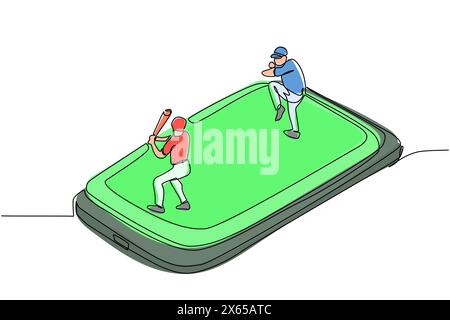 Continuous one line drawing baseball field with two players on smartphone screen. Online baseball games. Smartphone applications. Mobile baseball. Sin Stock Vector