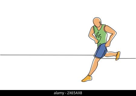 Single continuous line drawing muscular adult man running or jogging. Workout exercise. Marathon athlete doing sprint outdoor. Sportive man. Sport, tr Stock Vector
