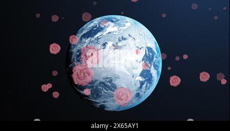 Image of falling roses over spinning globe Stock Photo