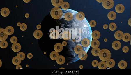 Image of falling bitcoins over spinning globe Stock Photo
