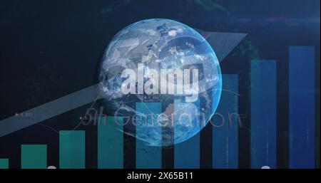 Image of globe financial data processing over globe spinning and arrows Stock Photo