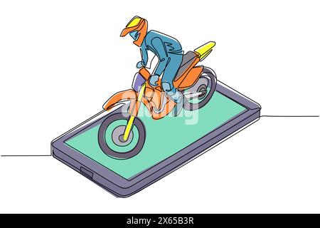 Single continuous line drawing motocross rider ride motocross bike on smartphone screen. Motocross motorcycle. Enduro, freestyle motocross extreme spo Stock Vector