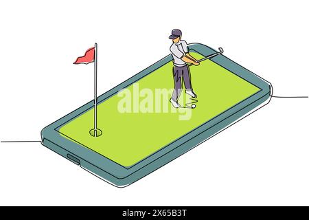 Continuous one line drawing male golfer playing golf on smartphone screen. Professional sports competition: golf, player hitting ball with club, mobil Stock Vector