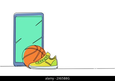 Single continuous line drawing basketball ball and shoes with smartphone. Sport equipment. Basketball stuff. Competitive and competition game. Active Stock Vector