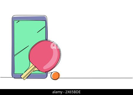 Single one line drawing table tennis racket and ball with smartphone. Online ping-pong sport game. Virtual sports equipment. Sport equipment for table Stock Vector
