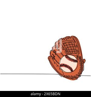 Continuous one line drawing baseball tournament flyer, poster template. Baseball leather glove, ball for championship promotion. Team sport league ban Stock Vector
