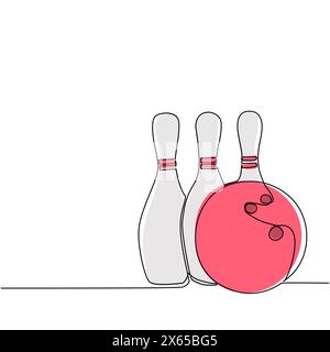 Single one line drawing bowling ball and pins. Sports equipment. Bowling sport game. Ball crashing pins. Strike bowling leisure concept. Modern contin Stock Vector