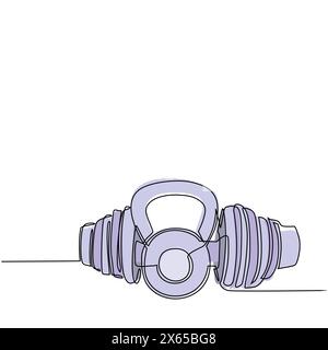 Single continuous line drawing dumbbells and kettlebell vector icon set on white background for gym or fitness elements. Weight, barbell, dumbbell. On Stock Vector