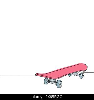 Single one line drawing skateboard with wheel for active lifestyle, extreme sport youth activity, balance street eco transport. skateboard, longboard. Stock Vector