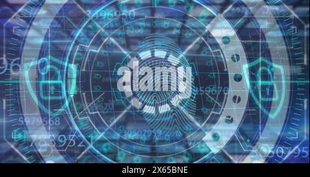 Image of scope scanning over financial data processing scope scanning Stock Photo