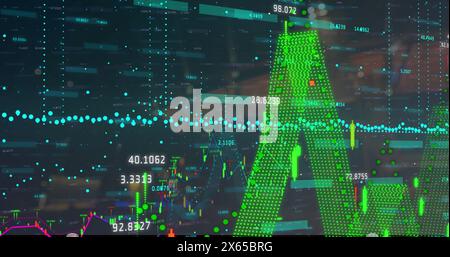 Image of financial data processing over cityscape Stock Photo