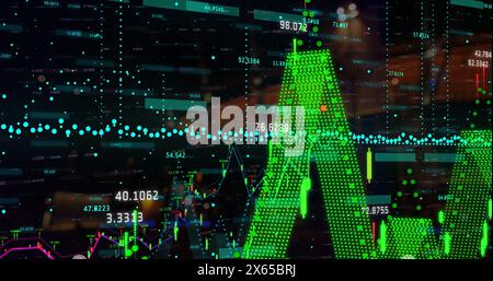 Image of financial data processing over cityscape Stock Photo