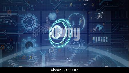 Image of processing circles and data on digital screens on navy background Stock Photo