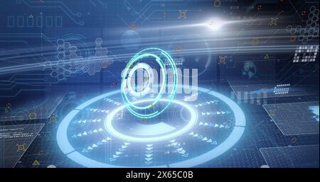 Image of processing circles and data on digital screens on navy background Stock Photo