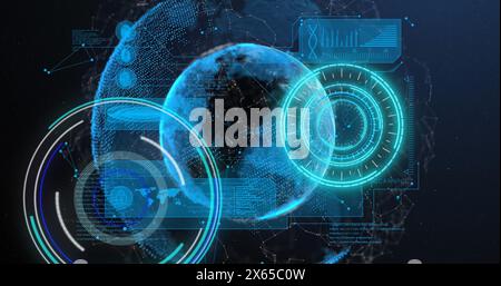 Image of globe, processing circles and graphs on navy background Stock Photo
