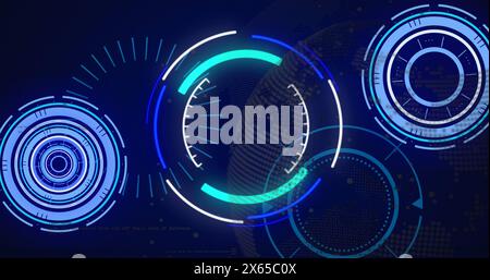 Image of scope scanning over globe on black background Stock Photo