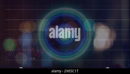 Image of blurred traffic lights over processing circle and dark space Stock Photo
