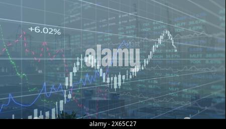 Image of financial graphs and data over cityscape Stock Photo