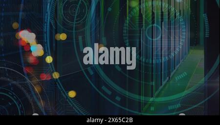 Image of blurred traffic lights over processing circle and dark space Stock Photo