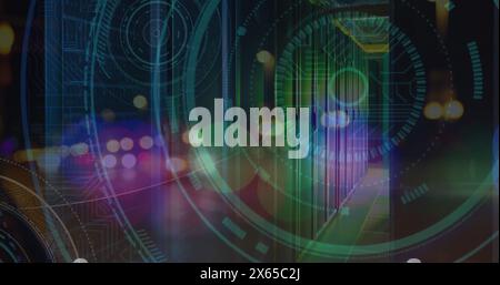 Image of processing circles and server room over blurred night traffic Stock Photo