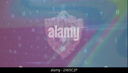 Image of scanning, virus warning over shield with padlock and pastel colorful background Stock Photo