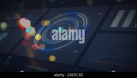 Image of blurred traffic lights over processing circle and dark space Stock Photo