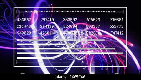 Image of digital interface with changing numbers and graphs against illuminated light stripes Stock Photo