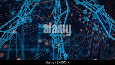 Image of abstract structure, data and molecules over circuit board pattern in background Stock Photo