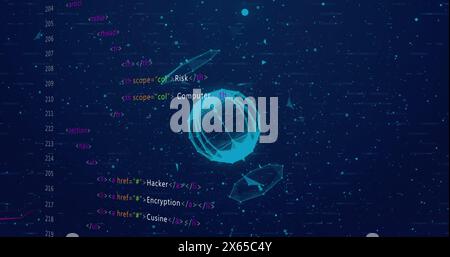 Image of digital dots connecting with lines and forming globe against programming language Stock Photo