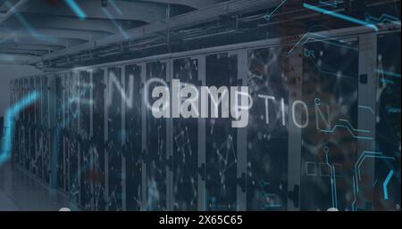 Image of encryption text over data processing and computer motherboard and servers Stock Photo