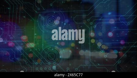 Image of processing circles and digital padlock over blurred night traffic Stock Photo