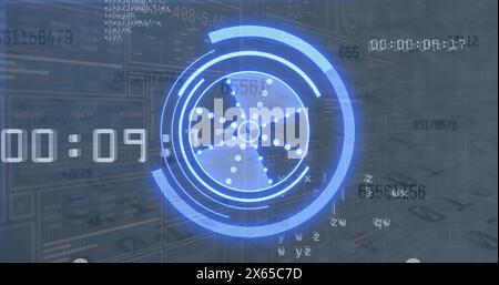 Image of data processing and binary code over hands using computer Stock Photo
