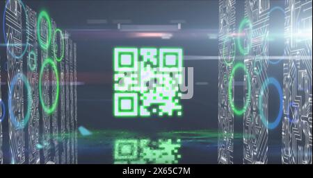 Image of a qr code with neon elements and computer circuit boards Stock Photo