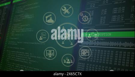 Multiple screens displaying various cybersecurity data and encryption processes Stock Photo