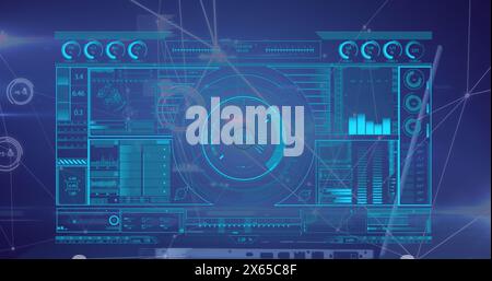 Image of profile icon in circles connected with lines over hud interface against blue background Stock Photo