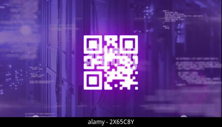 Image of lights and qr code over data processing over servers Stock Photo