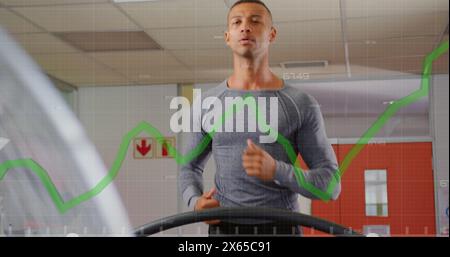 Image of data processing over biracial man running Stock Photo
